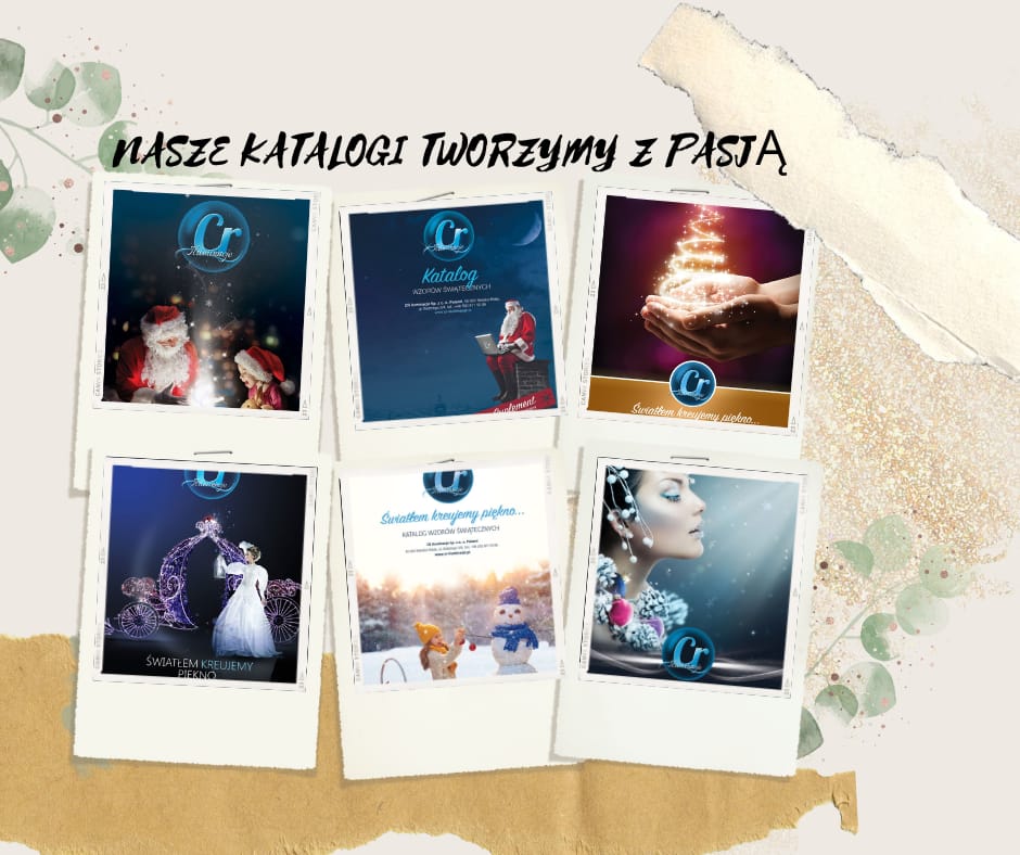 Karta „NASZE KATALOGI TWORZYMY Z PASJĄ”: sześć okładek katalogów ułożonych jak zdjęcia polaroidowe na jasnym tle