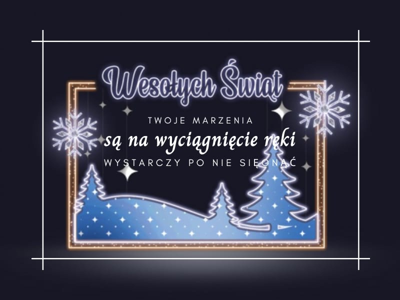Karta projektowa świetlnej kartki: złota rama, napis „Wesołych Świąt” i niebieski zimowy pejzaż z choinkami oraz śnieżynkami